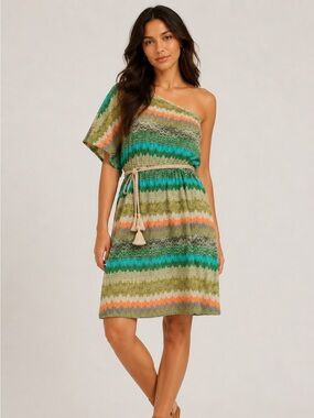 5th Culture One-Shoulder Knit Dress in Green, Teal & Orange